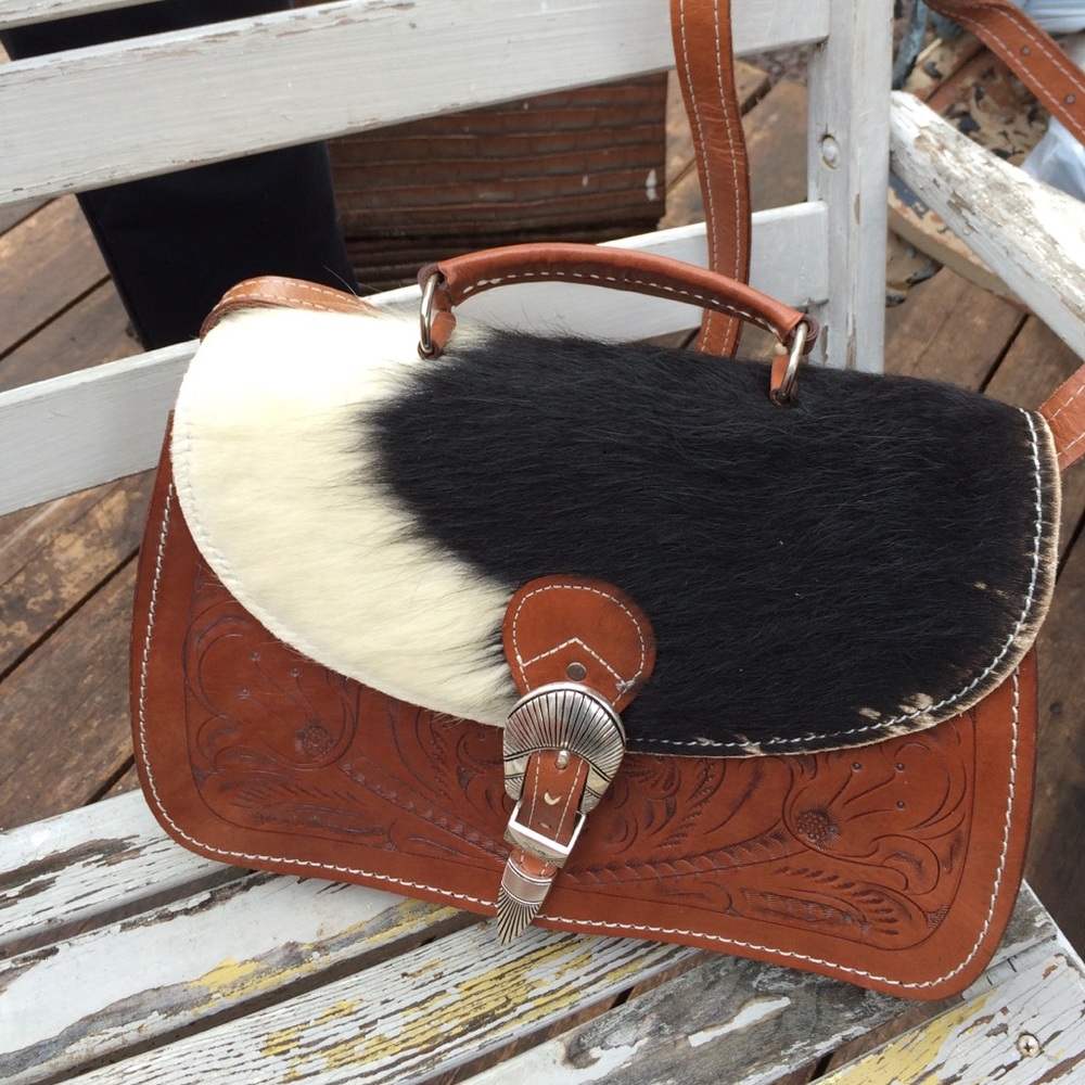 Vintage fur and tooled  Leather cross body Purse